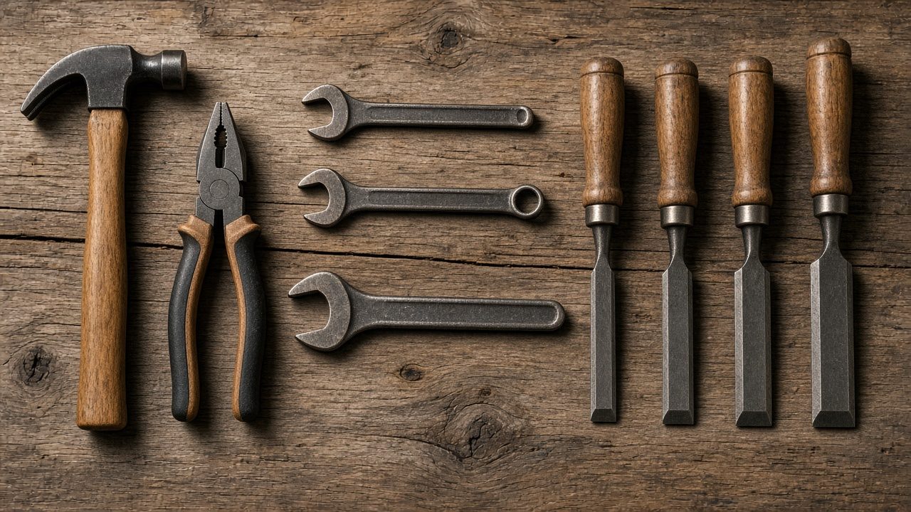 Hand tools arranged on a natural wood plank