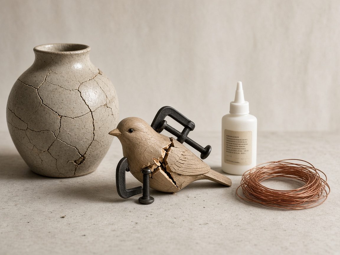 Ceramic lamp base copper wire and wooden bird sculpture mid-repair with clamps