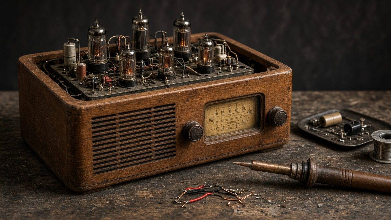 Vintage wooden table radio mid-restoration on a workbench