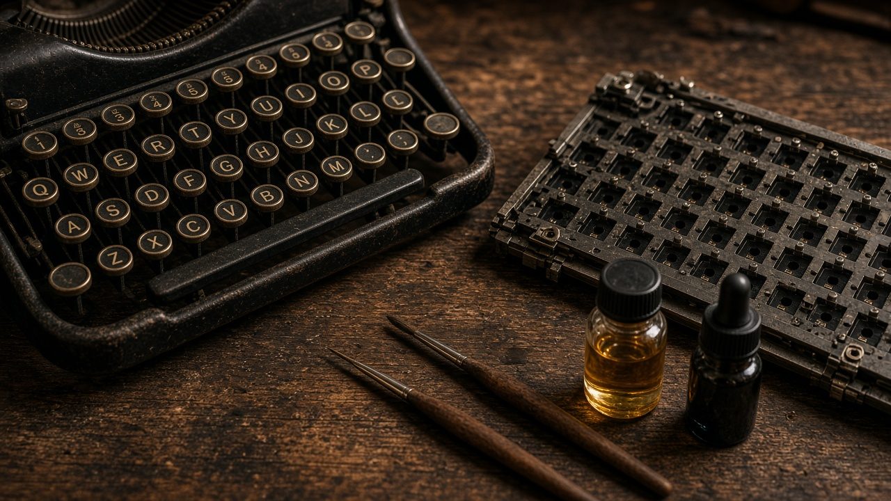 Typewriter keys and mechanical parts with brushes and oil vials