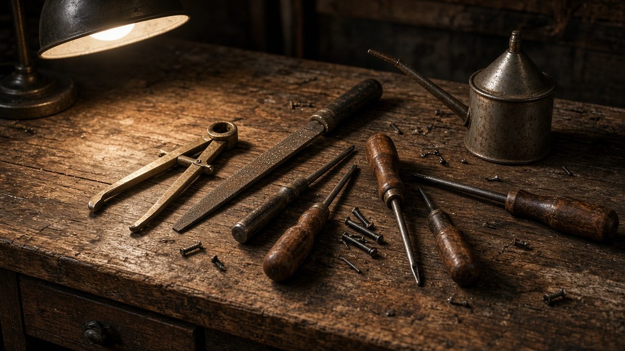 Vintage wooden workbench covered with hand tools under warm lamp light