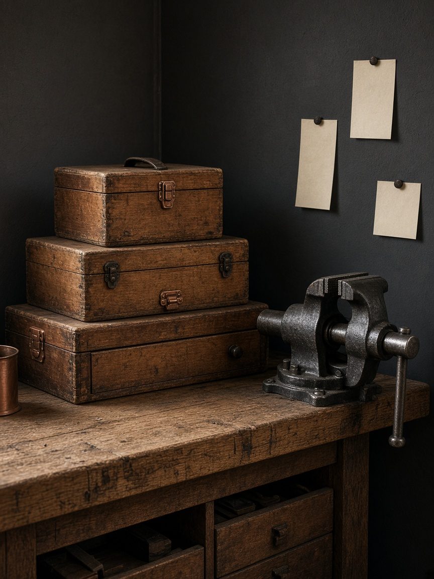 Cast-iron vise on a thick oak bench with wooden toolboxes