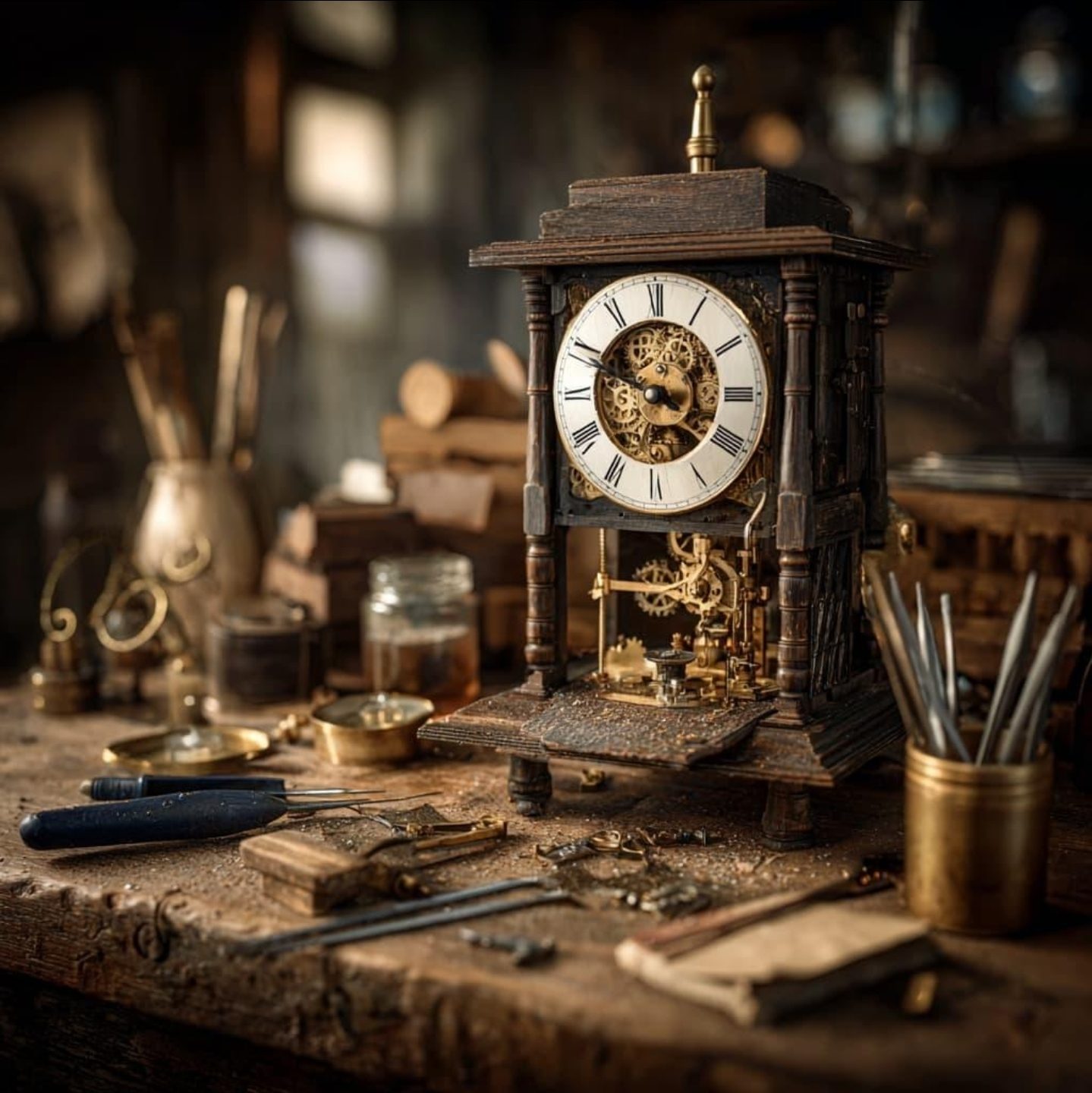 Antique skeleton clock with exposed brass gears on a cluttered wooden workbench among precision tools