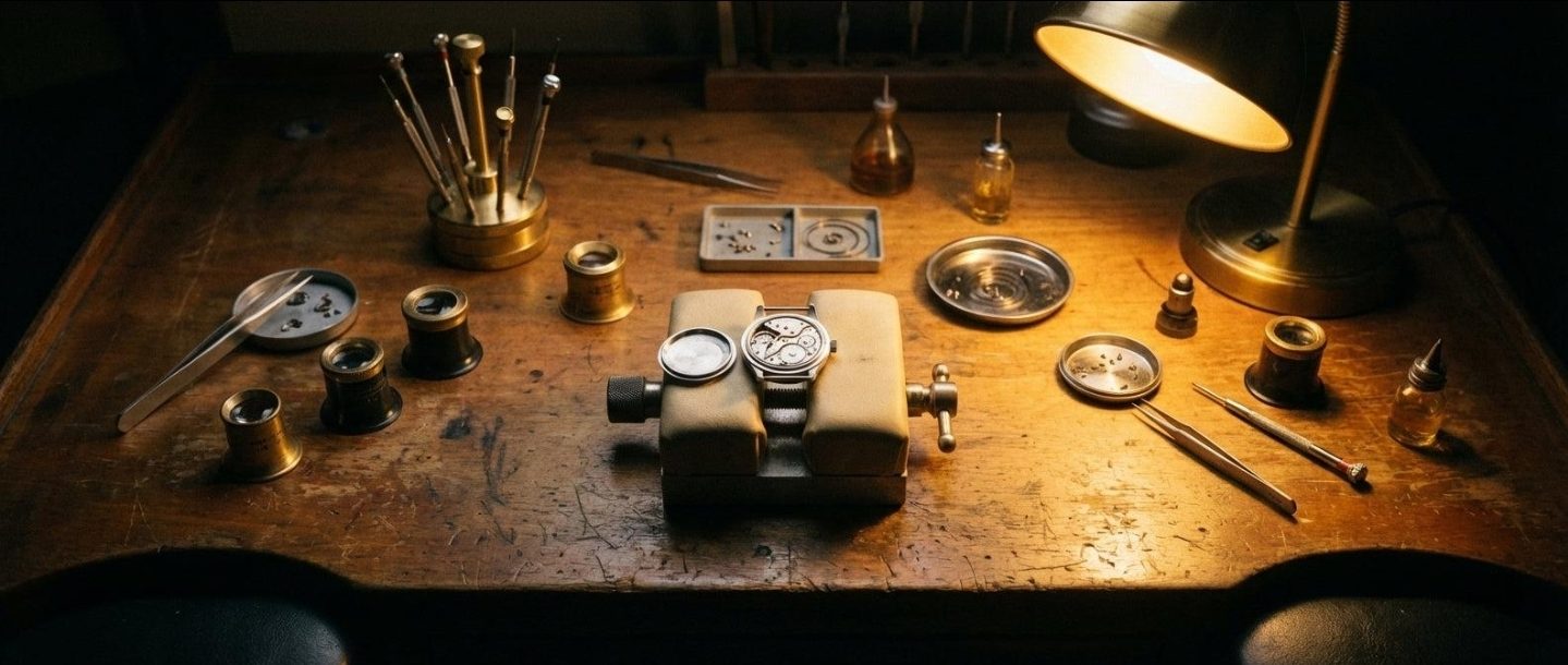 Open mechanical watch held in a bench vise under a brass desk lamp, with loupes and tweezers nearby